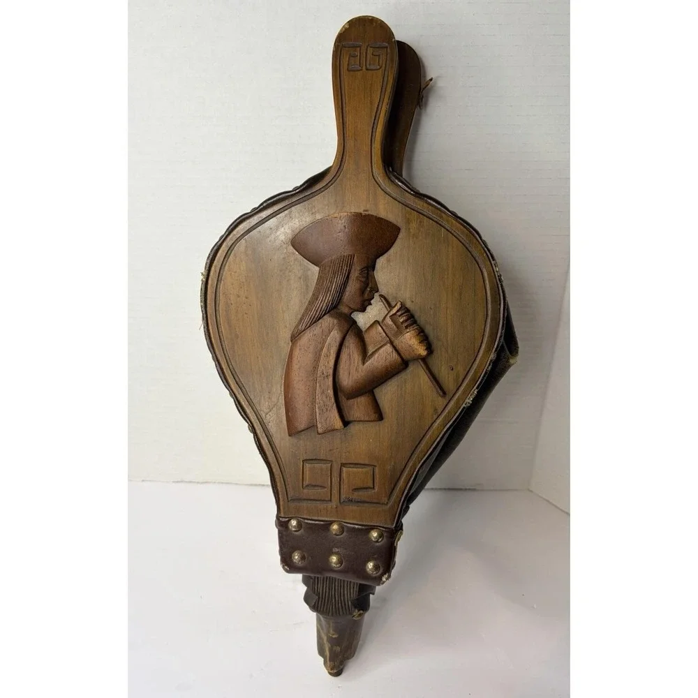 Vintage Hand Carved Wood Fireplace Bellows Andean Llama Folk Art Leather Brass